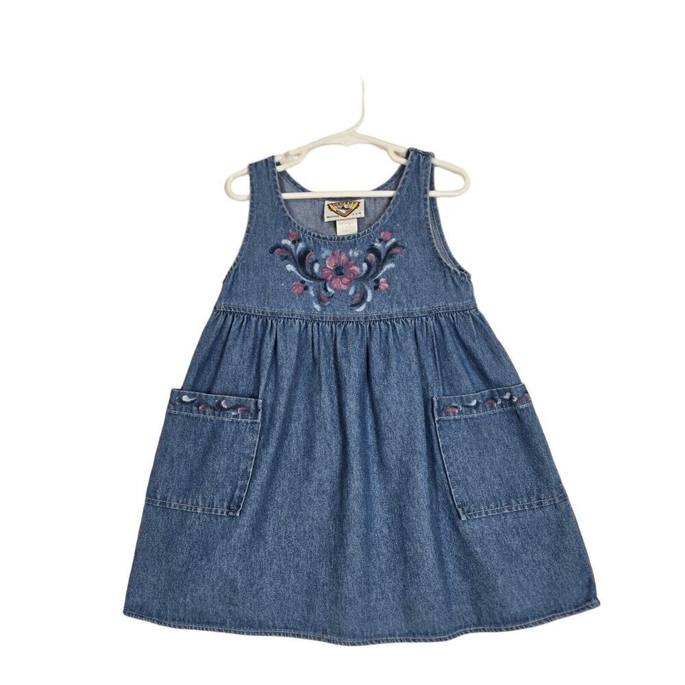 Vintage 90s Denim Jumper Dress Girls  S Blue Floral Painted Cottagecore USA